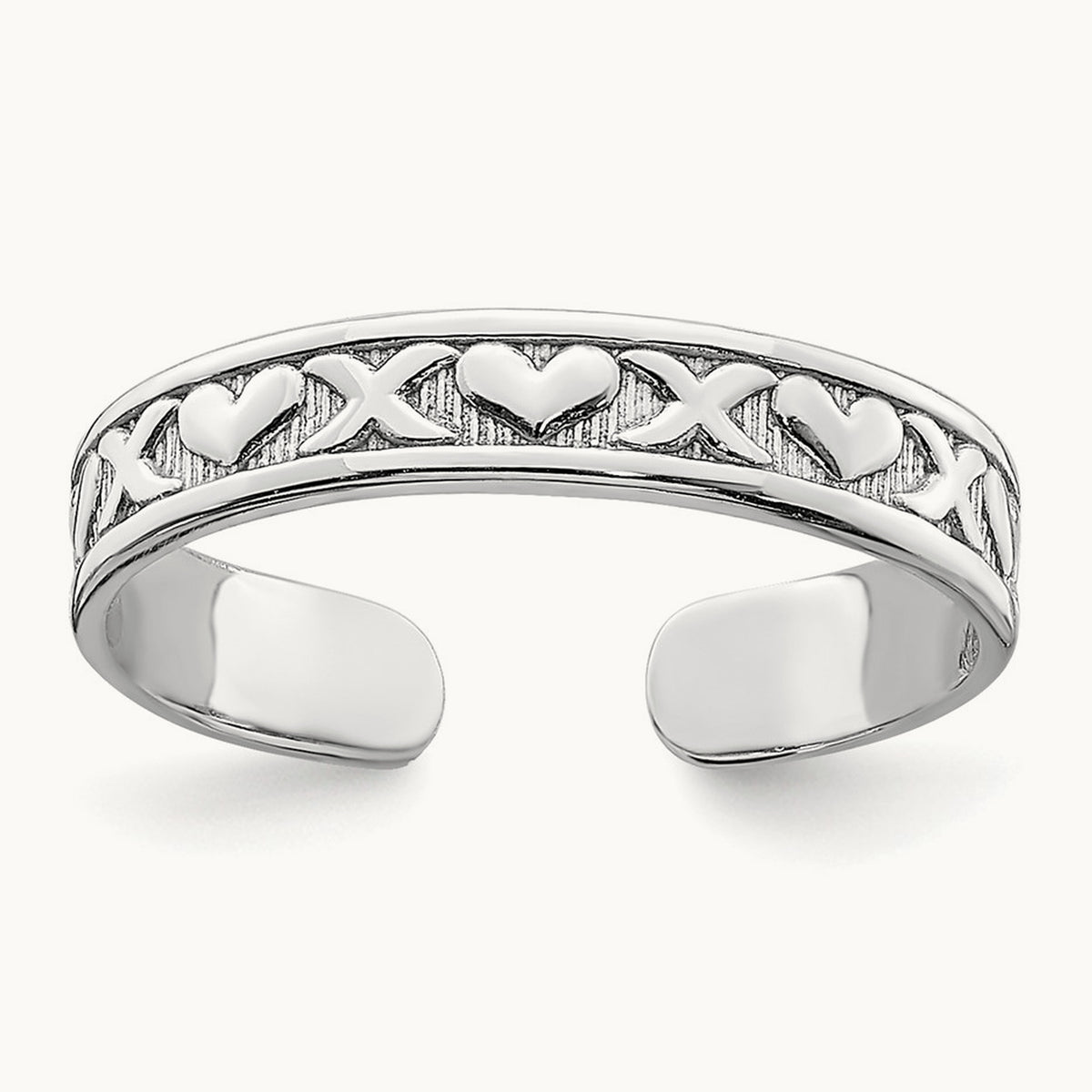 Small X and Hearts Adjustable Toe Ring — 14K White Gold