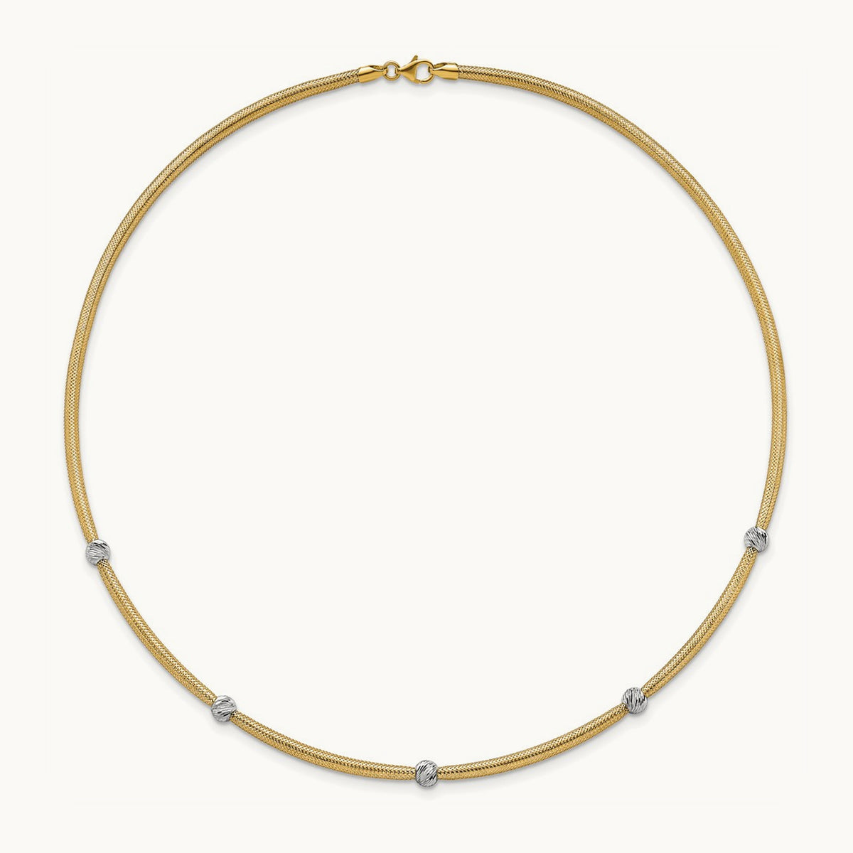 Polished w/Rhodium D/C Bead Flexible Mesh Necklace, 14K