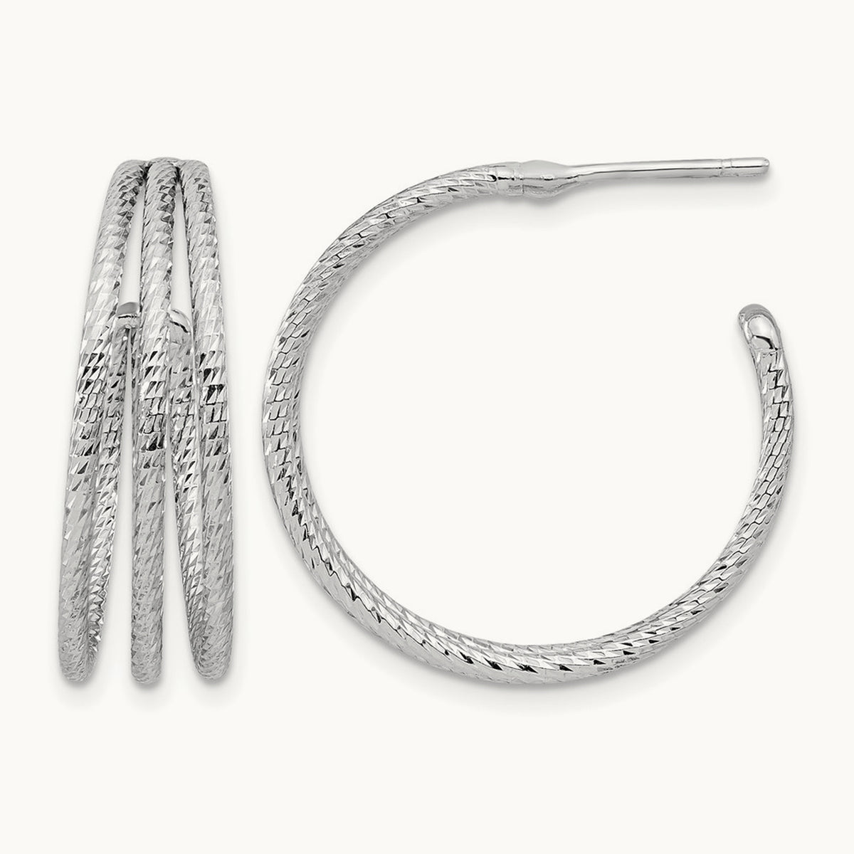 Rh-plated Diamond Cut J-Hoop Earrings, Sterling Silver — Leslie's