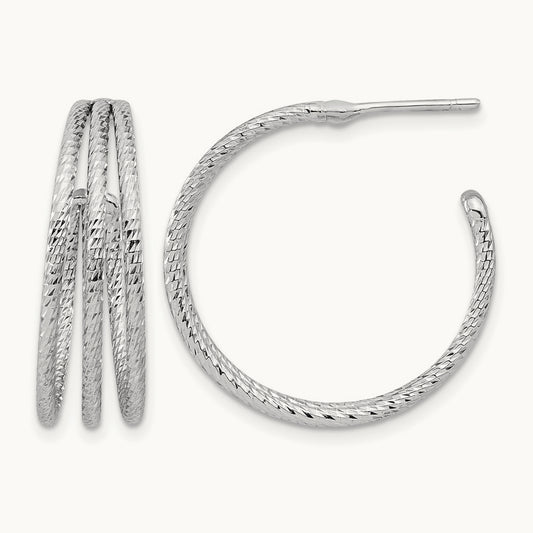 Rh-plated Diamond Cut J-Hoop Earrings, Sterling Silver — Leslie's