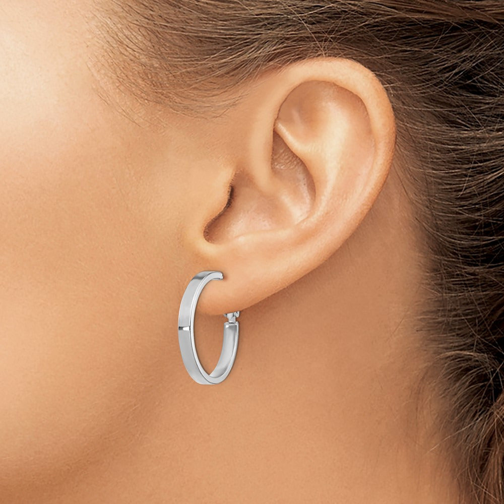 Polished Square Tube Round Hoop Earrings — 14K White Gold, 3x25mm