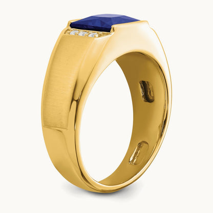 Square Created Sapphire and Diamond Mens Ring, 14K