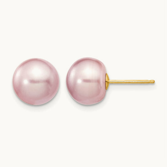 9- Purple Button Freshwater Cultured Pearl Stud Post Earrings, 10mm, 14K