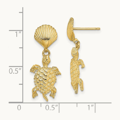 Shell and Sea Turtle Dangle Earrings, 14K