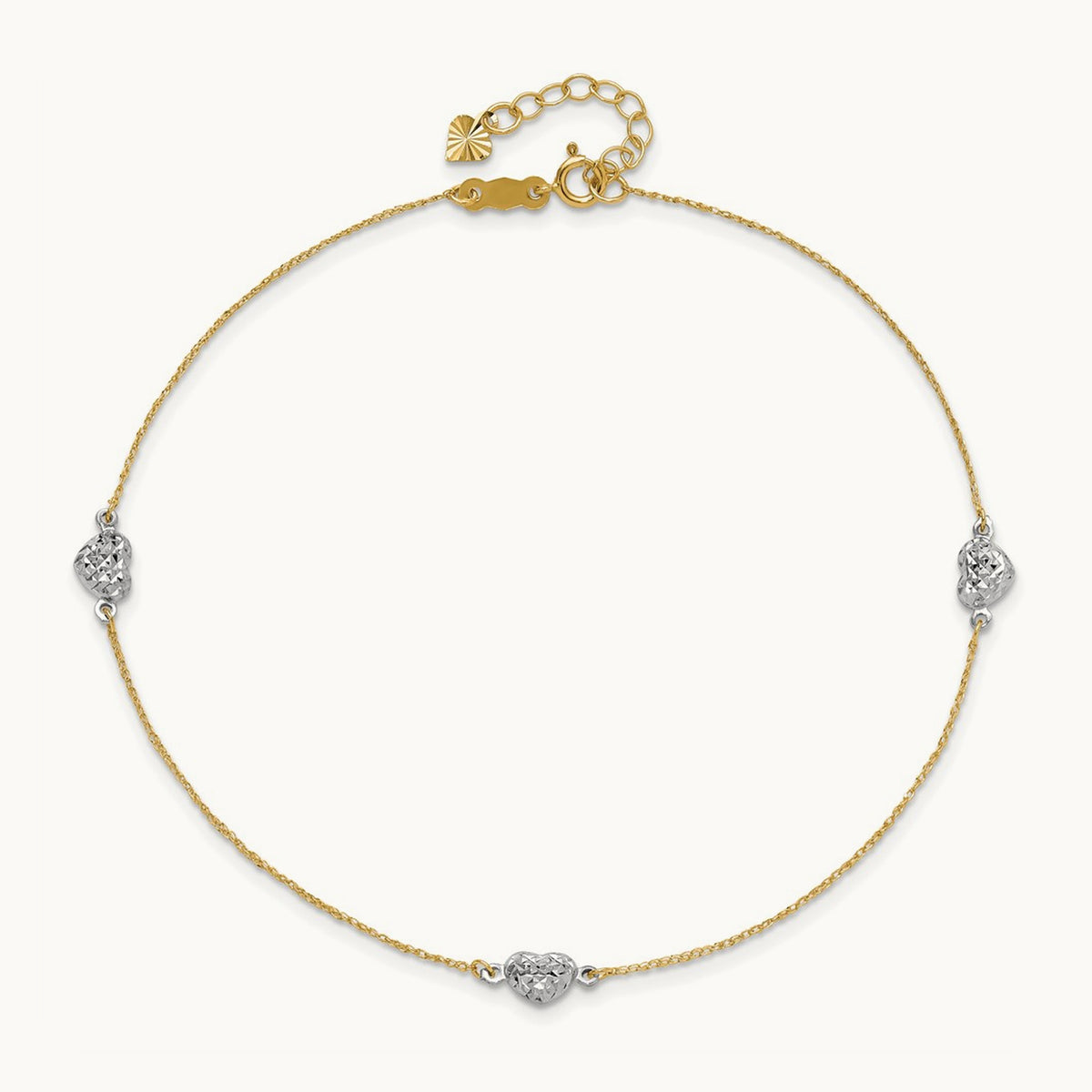 Puff Heart 9in Plus 1in ext Anklet, 14K Two-tone