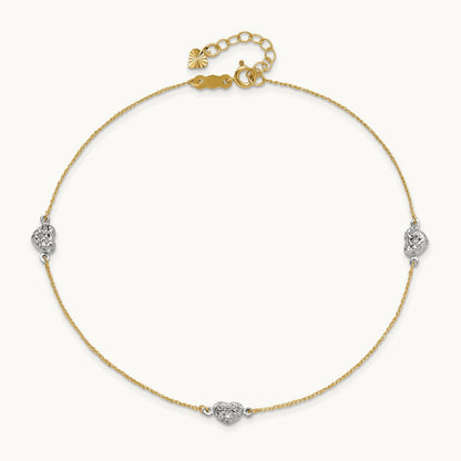 Puff Heart 9in Plus 1in ext Anklet, 14K Two-tone