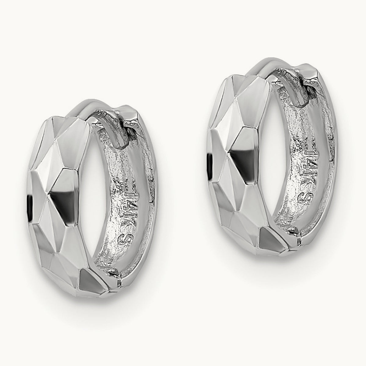 Diamond-cut Hinged Hoop Earrings — 14K White Gold