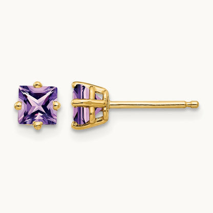 Princess Cut Amethyst Earrings, 4mm, 14K