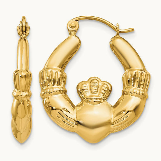 Polished Claddagh Hoop Earrings, 14K