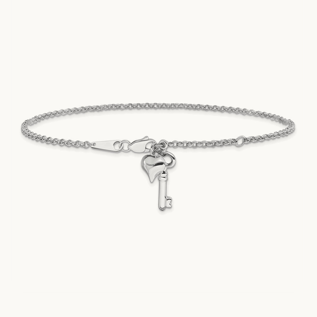 Adj Polished Puffed Heart Key 9in Plus 1in ext. Anklet, 14K White Gold