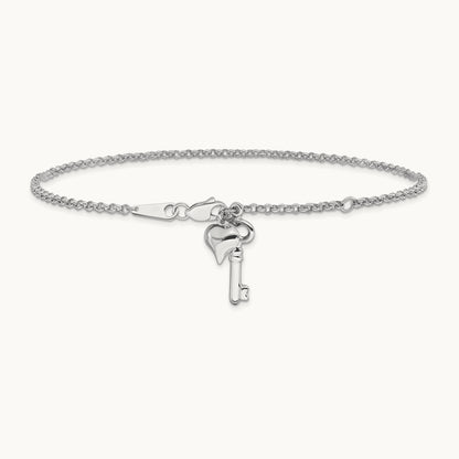Adj Polished Puffed Heart Key 9in Plus 1in ext. Anklet, 14K White Gold