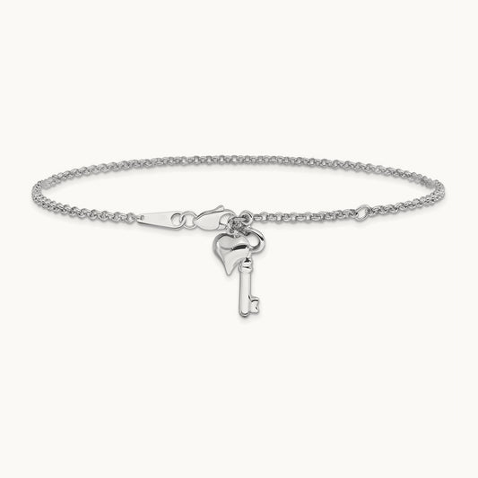 Adj Polished Puffed Heart Key 9in Plus 1in ext. Anklet, 14K White Gold
