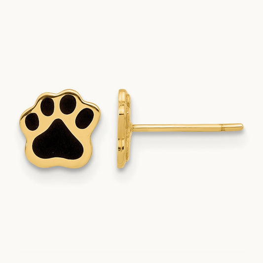 Polished Paw with Black Enamel Post Earrings, 14K