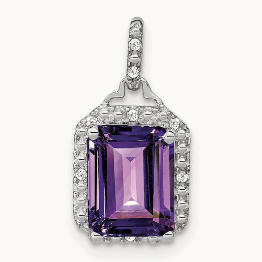 Emerald-cut Amethyst and Diamond Halo Pendant, 14K White Gold