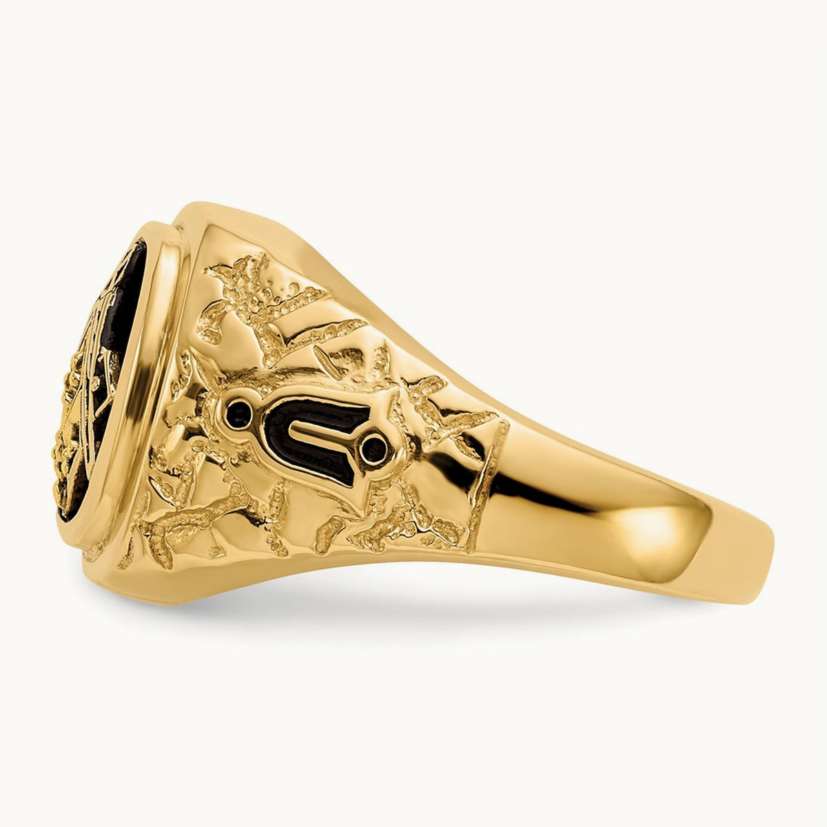 Polished, Antiqued and Nugget Texture Diamond Masonic Ring, 14K