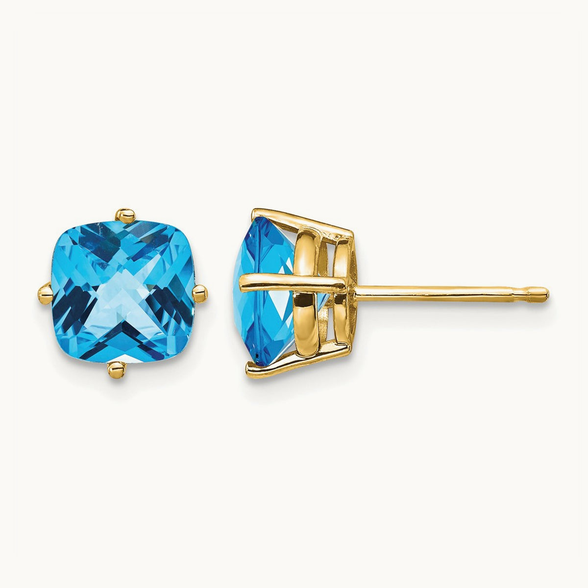 7x7mm Cushion Blue Topaz Checker Earring, 14K