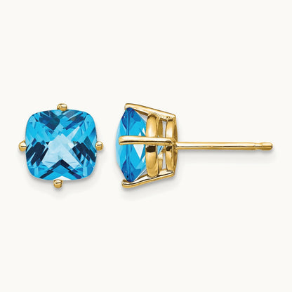 7x7mm Cushion Blue Topaz Checker Earring, 14K