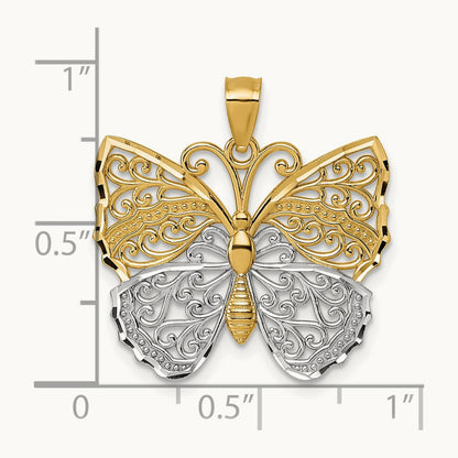 & Rhodium Textured Fancy Butterfly Pendant, 14K