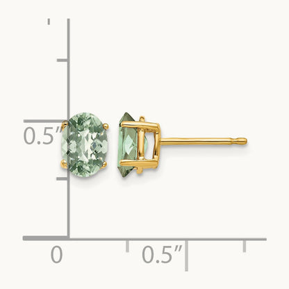 7x5 Oval Checker-Cut Green Quartz Earrings, 14K
