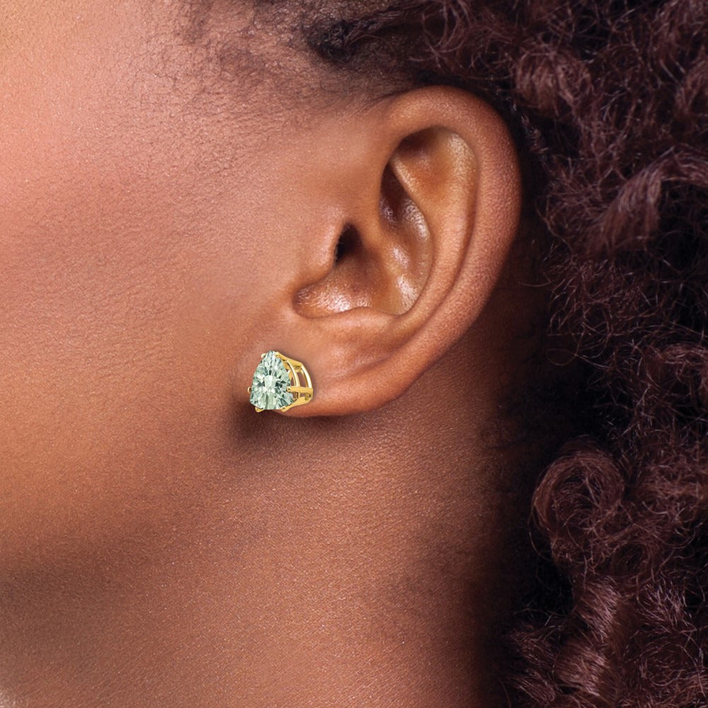 Trillion Checker-Cut Green Quartz Earrings — 14K Yellow Gold, 8mm