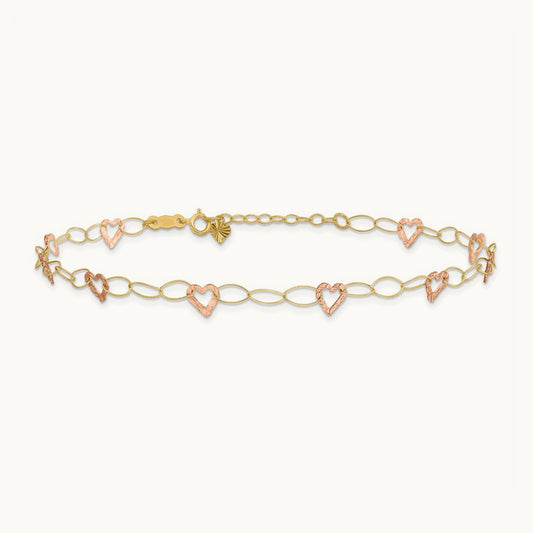 Adjustable Heart 9in Plus 1in extension Anklet, 14K Two-tone