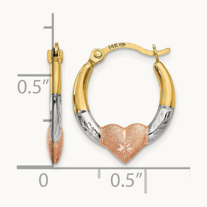 & White and Rose Rhodium Heart Hoop Earrings, 14K