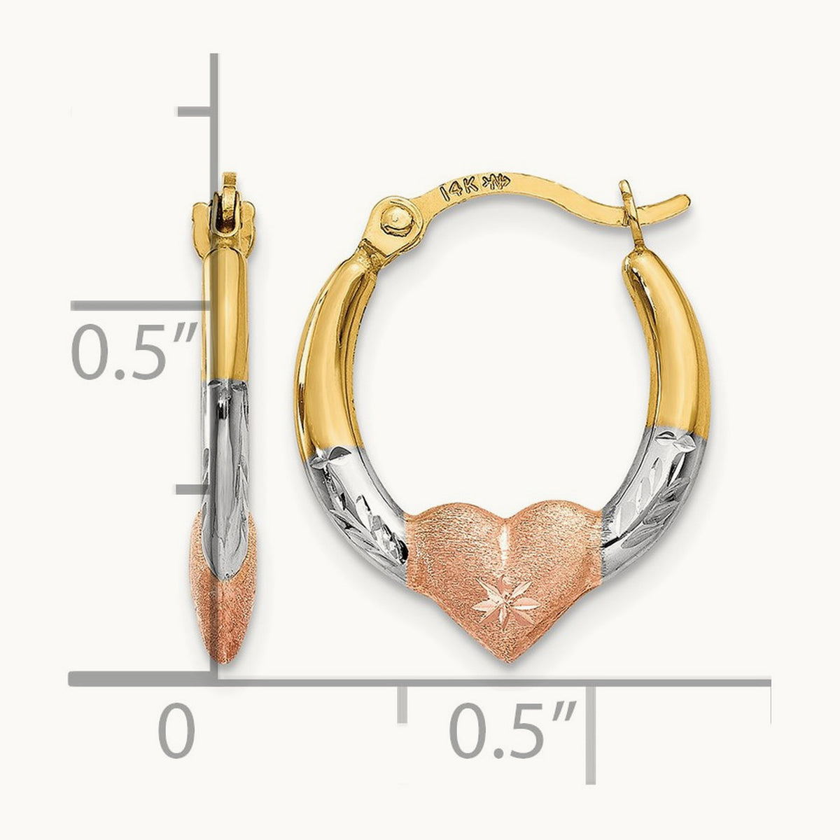 & White and Rose Rhodium Heart Hoop Earrings, 14K