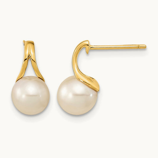 7- White Round Freshwater Cultured Pearl Post Earrings, 8mm, 14K