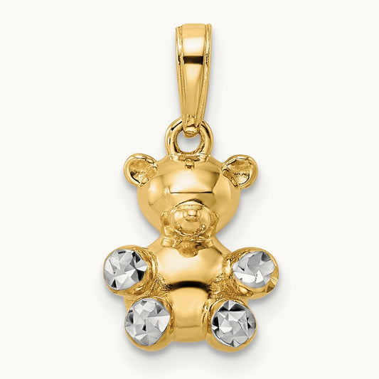 w/ White Rhodium 3D Diamond-cut Teddy Bear Pendant, 14K