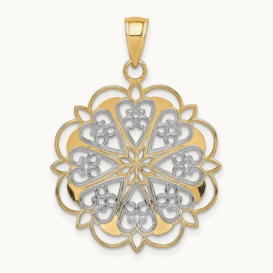 w/Rhodium Filigree Hearts W/Scalloped Edge Pendant, 14K