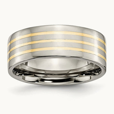 Polished w/14k Yellow Inlay Flat Band, 8mm, Titanium