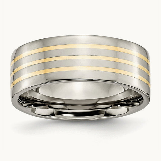 Polished w/14k Yellow Inlay Flat Band, 8mm, Titanium