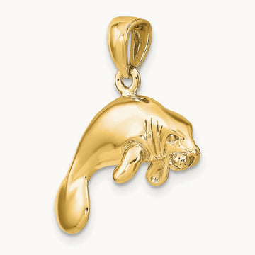 3-D Polished Swimming Manatee Charm — 14K Yellow Gold