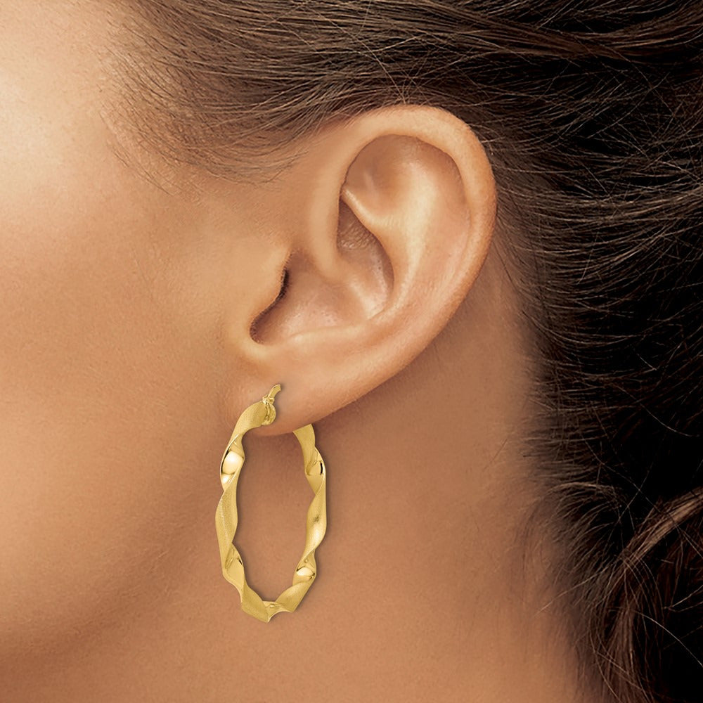 Polished and Brushed Twisted Hoop Earrings — 14K Yellow Gold, 39mm