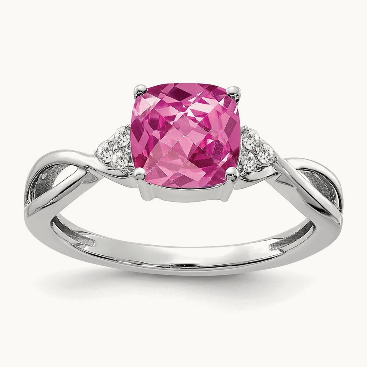 Checkerboard Created Pink Sapphire and Lab-Grown Diamond Ring — 14K White Gold, 7