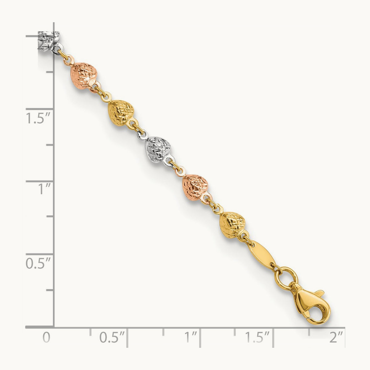 Tri-color Polished Diamond-Cut Hearts 7.5in Bracelet, 14K
