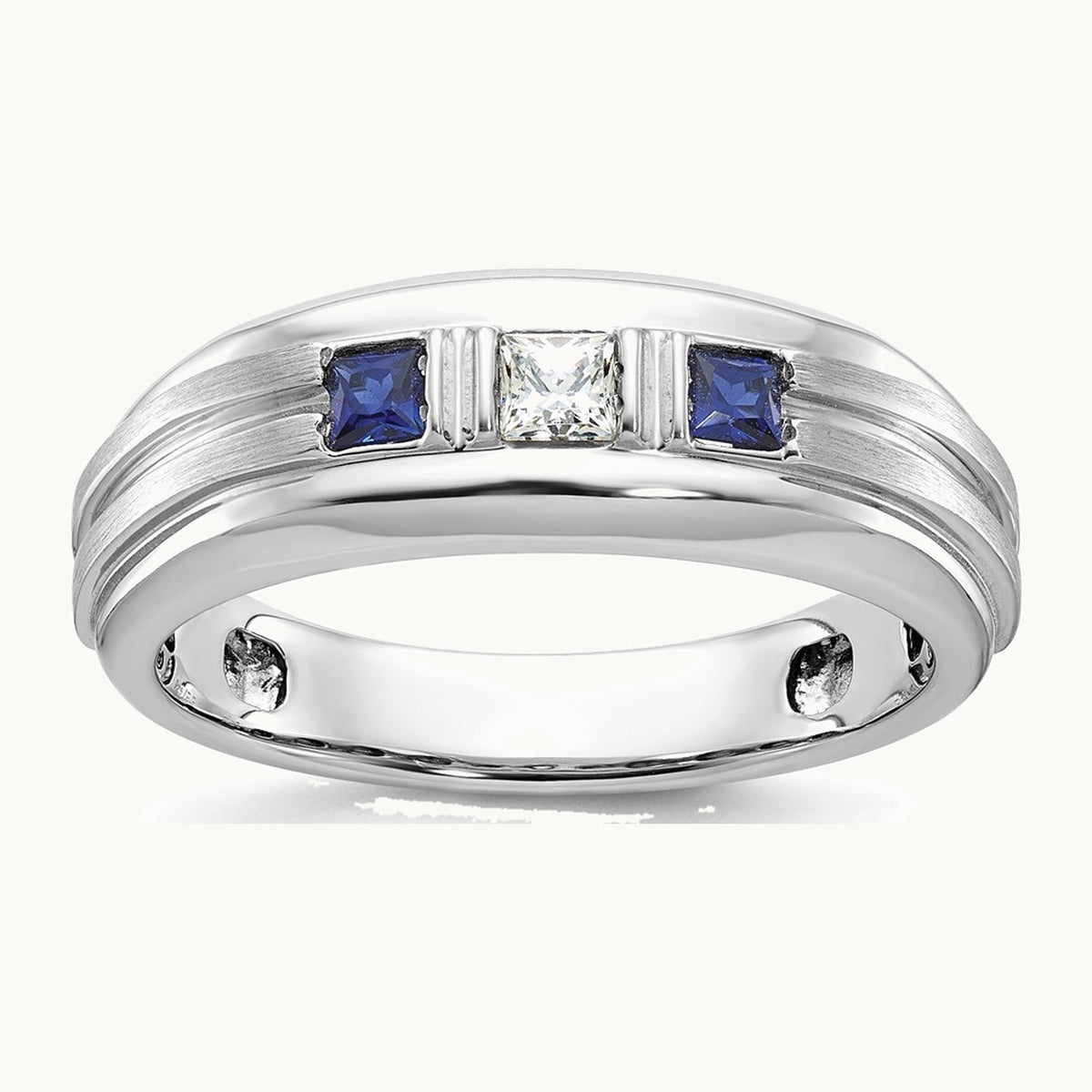 IBGoodman 14K White Gold Men's Polished Satin and Grooved Square 1/6 Carat AA Quality Diamond and Lab Created Sapphire 3-Stone Ring