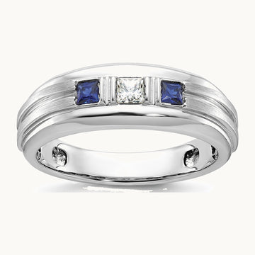 IBGoodman 14K White Gold Men's Polished Satin and Grooved Square 1/6 Carat AA Quality Diamond and Lab Created Sapphire 3-Stone Ring
