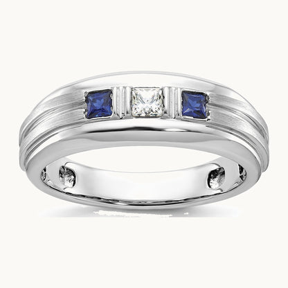 IBGoodman 14K White Gold Men's Polished Satin and Grooved Square 1/6 Carat AA Quality Diamond and Lab Created Sapphire 3-Stone Ring