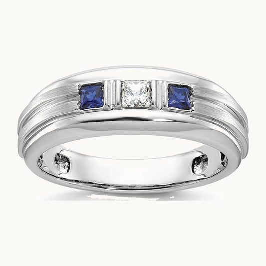 IBGoodman 14K White Gold Men's Polished Satin and Grooved Square 1/6 Carat AA Quality Diamond and Lab Created Sapphire 3-Stone Ring