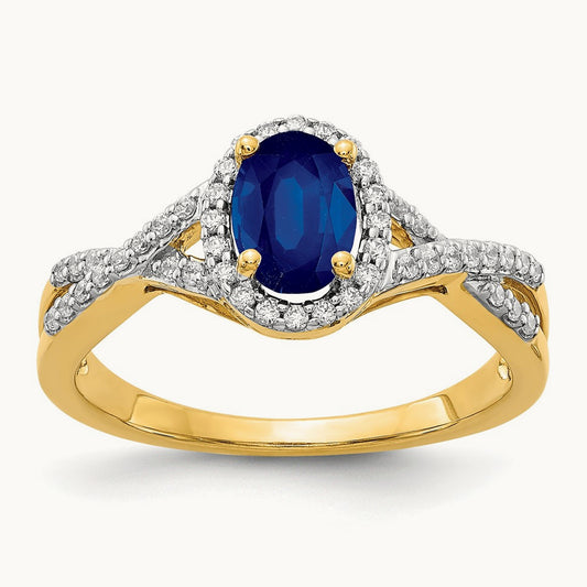 Diamond and Sapphire Oval Halo Ring, 14K