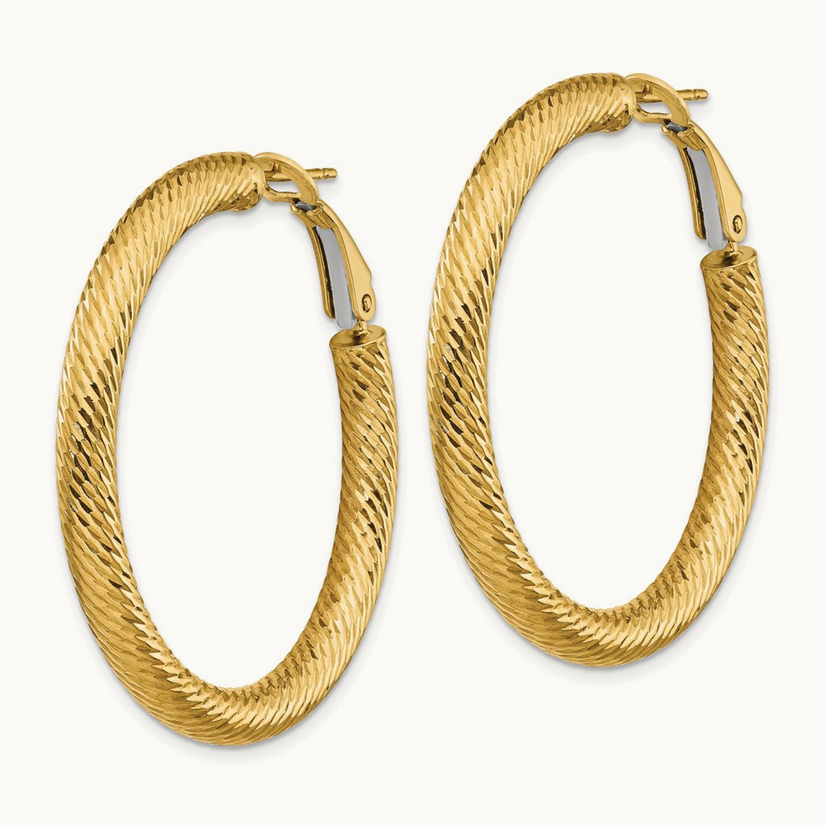 Diamond-cut Round Omega Back Hoop Earrings — 14K Yellow Gold, 4x40mm