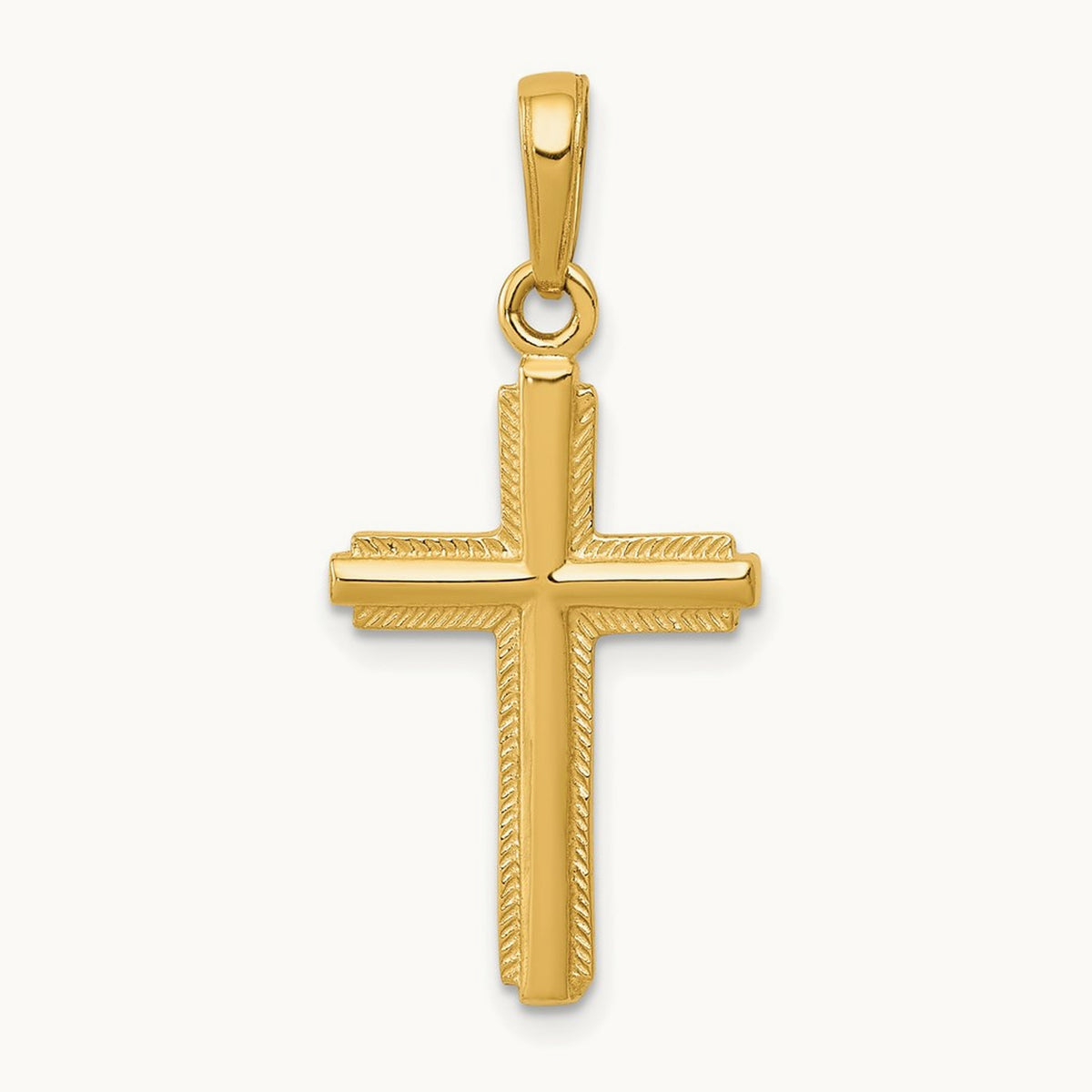 Polished Cross With Striped Border Pendant — 14K Yellow Gold, 27mm