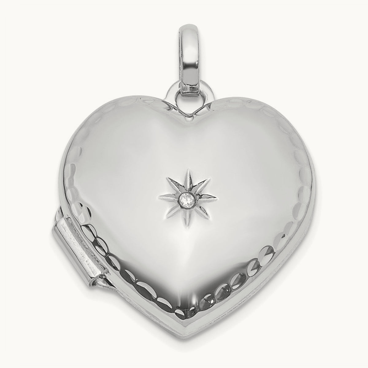 Polished and Textured Diamond Heart Locket with White Rhodium — 14K White Gold, 15mm