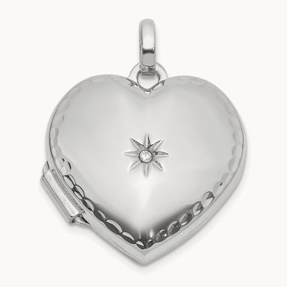 Polished and Textured Diamond Heart Locket with White Rhodium — 14K White Gold, 15mm