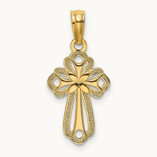 Cut-Out Polished and Textured Cross Charm — 14K Yellow Gold