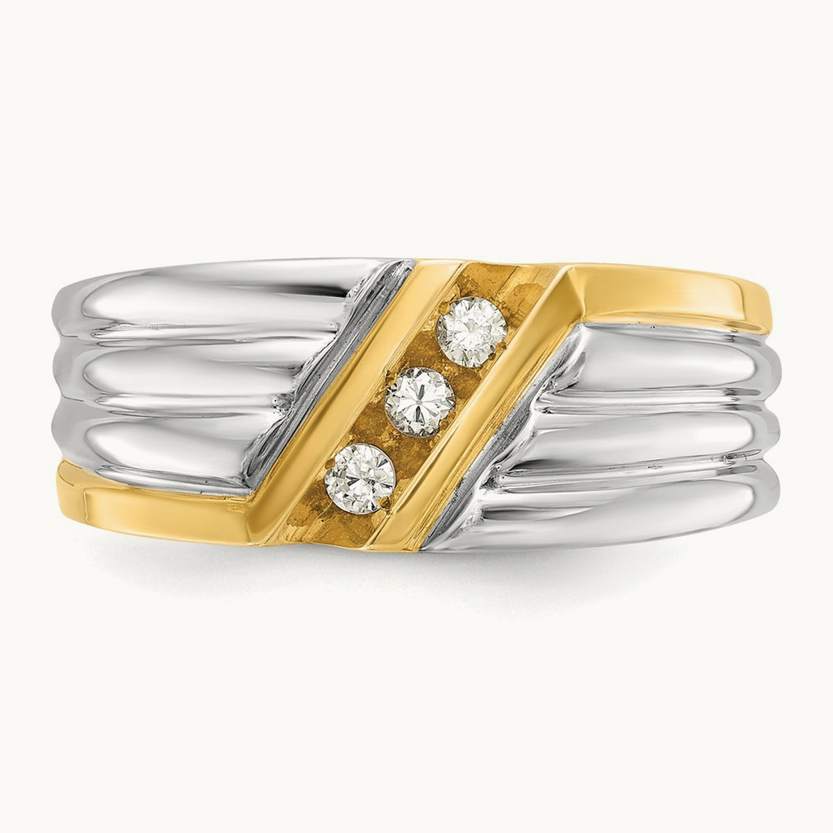 14ktt IBGoodman Men's Polished and Grooved 3-Stone Diamond Ring