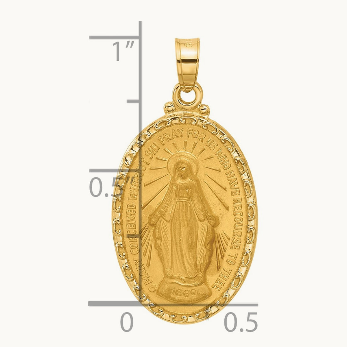 Satin and Polished Miraculous Medal Oval Solid Pendant, 14K