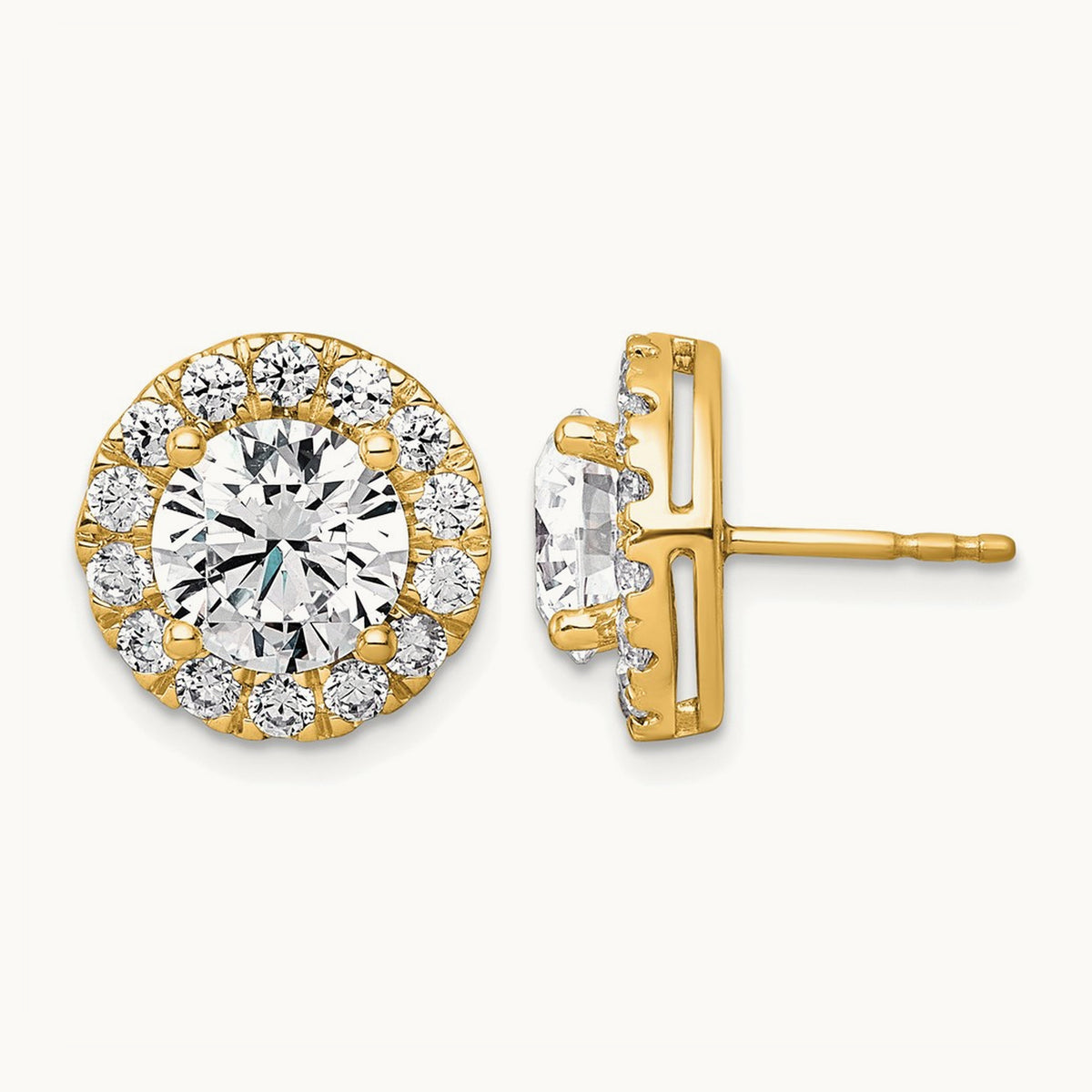 Round Halo Post Earrings, 0.50-7.50 ct tw Lab-Grown Diamond — 5 ct, 14K Yellow Gold