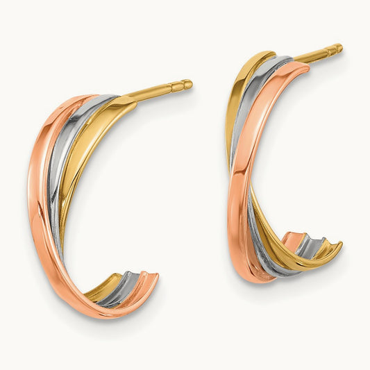 Twisted Tri-color Hoop Post Earrings, 14K